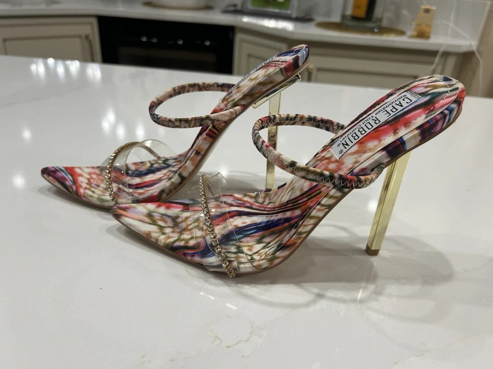 CAPE ROBBIN ROCHELA MULTICOLOR SLIDE IN STILETTO SEXY SANDALS 8 GOLD HEELS - Image 3 of 4