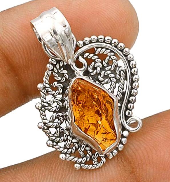 Natural Rough Orange Citrine Gemstone Pendant in Intricate 925 Sterling Silver Filigree Design