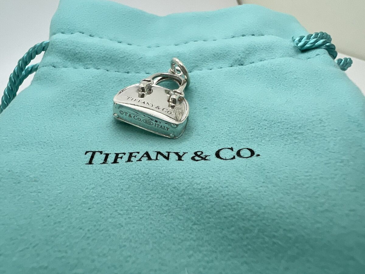 Tiffany Co Sterling Silver Handbag Purse Blue Enamel Heart Italy Charm Pendant