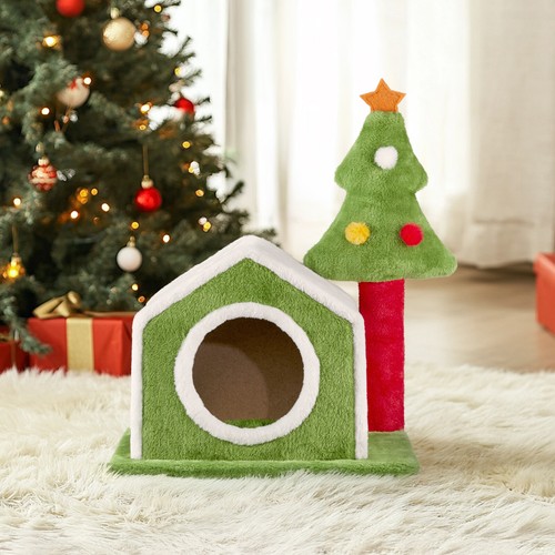 24in Christmas Cat House Cat Bed Cave, Soft Plush Christmas Nest Holiday Decor - Picture 5 of 13