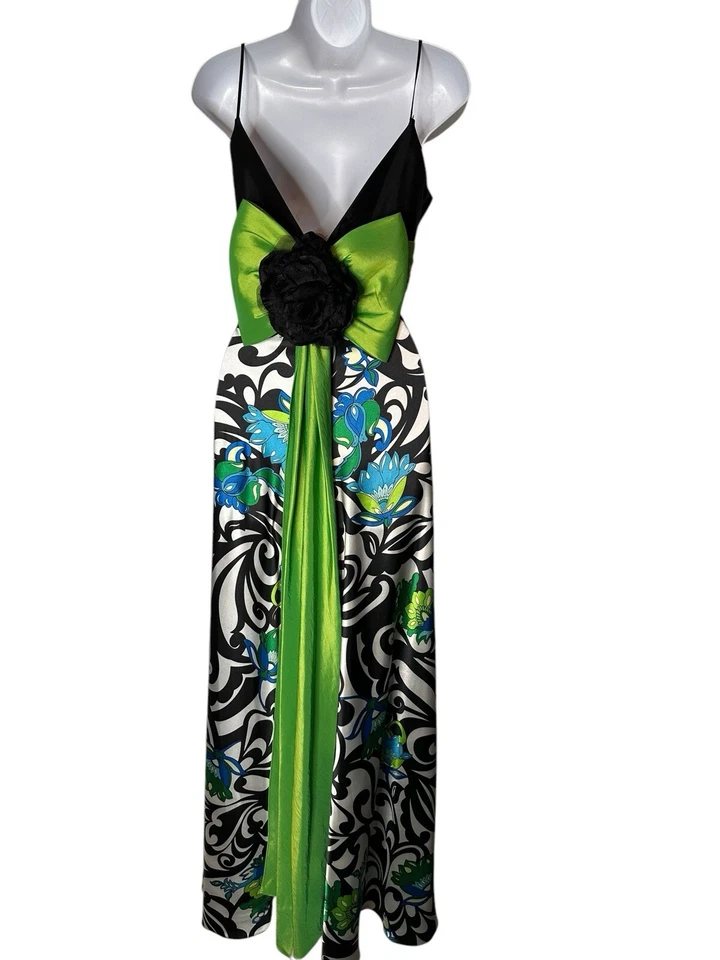 Vestido largo de graduación Jovani Empire cintura faja audaz geométrico floral verde neón Foto 4 de 4