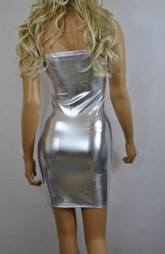 Silber Minikleid Metallic Stretch Nass PVC Trägerlos Boob Tube Bodycon Glänzend D87 - Bild 3 von 12