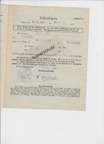 Schrotschein 1920/21 Mühle Martin Standenbühl Landwirt Groß Dannenfels 4 Seiten - Picture 4 of 4
