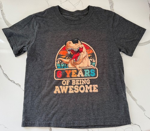 Boys Dinosaur T-Shirt Birthday 6 Years of Being Awesome Youth Small Gray