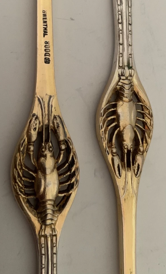 2 PRECIOSAS SELECCIONES DE LANGOSTA FIGURATIVAS ALEMANAS DE PLATA FINA .800 CON MANGO PLANO C. 1895 Foto 2 de 4