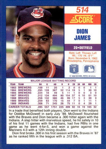 1990 Score #514 Dion James - Picture 2 of 2