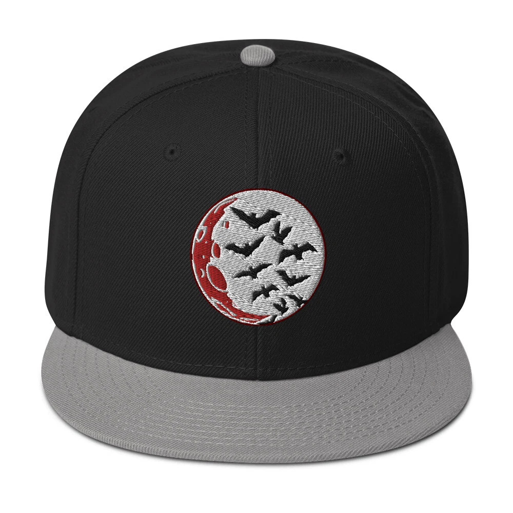 Flying Bats over a Blood Moon Embroidered Flat Bill Cap Snapback Hat