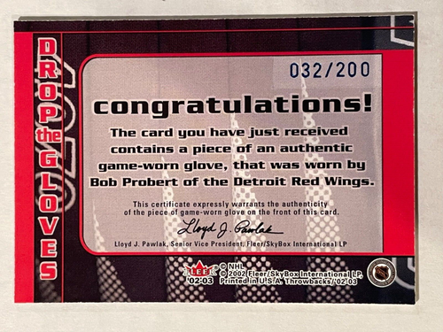 2002/03 Fleer Throwbacks Bob Probert Drop The Gloves Game Used Glove #32/200 - Picture 2 of 2