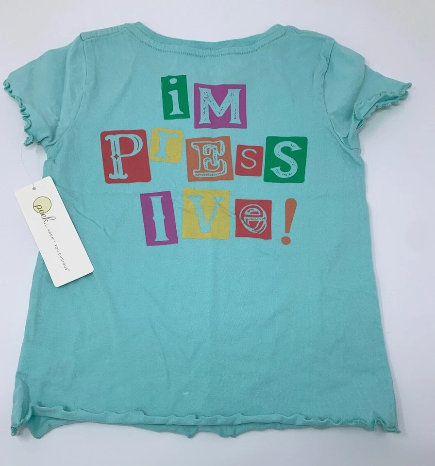 NUEVO CON ETIQUETAS Camisa de Historia Peek Girls 6-7 Azul Teal Prensa Impresión Gutenberg Manga Corta Foto 3 de 4