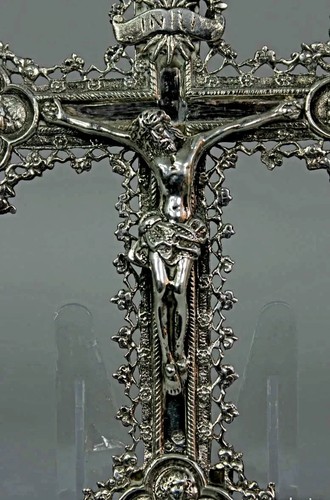 1900s Antique Sterling Silver Four Apostle Crucifix Crucifixion Christ Reliquary - Picture 18 of 24