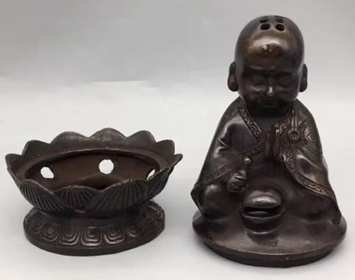 YH Kupfer Bronze Sammlung Mönch Räuchergefäß exquisite Handwerkskunst schön - Bild 4 von 5