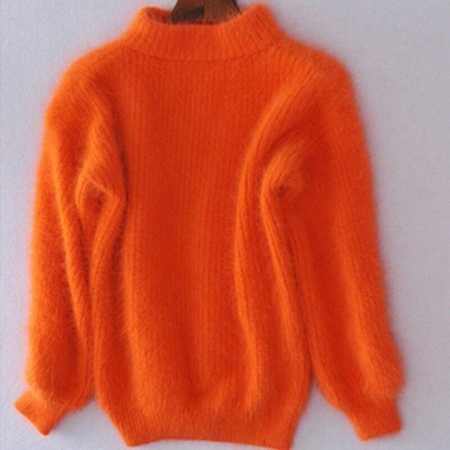 Women Faux Mohair Sweater Puff Sleeve Turtle Neck Fluffy Jumper Warm Pullover - Picture 14 of 23