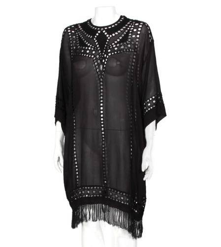 ISABEL MARANT ETOILE Black Enery Embroidered Sheer Fringe Tunic Dress Sz 34 /807 - Picture 3 of 6