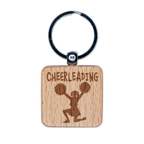 Cheerleading Cheerleader Fun Text Engraved Wood Square Keychain Tag Charm - Picture 1 of 6