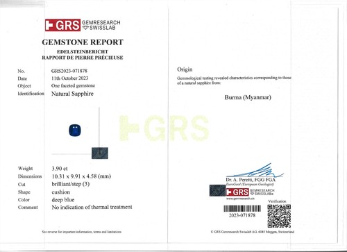 GRS & AIGS Certified Natural Sapphire 3.90 Cts Blue Color From Burma ( Myanmar ) - Afbeelding 8 van 8