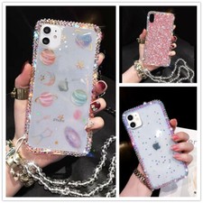 For Samsung Women/Girl Glitter Bling Star Diamonds Rubber Phone Case Neck Stap