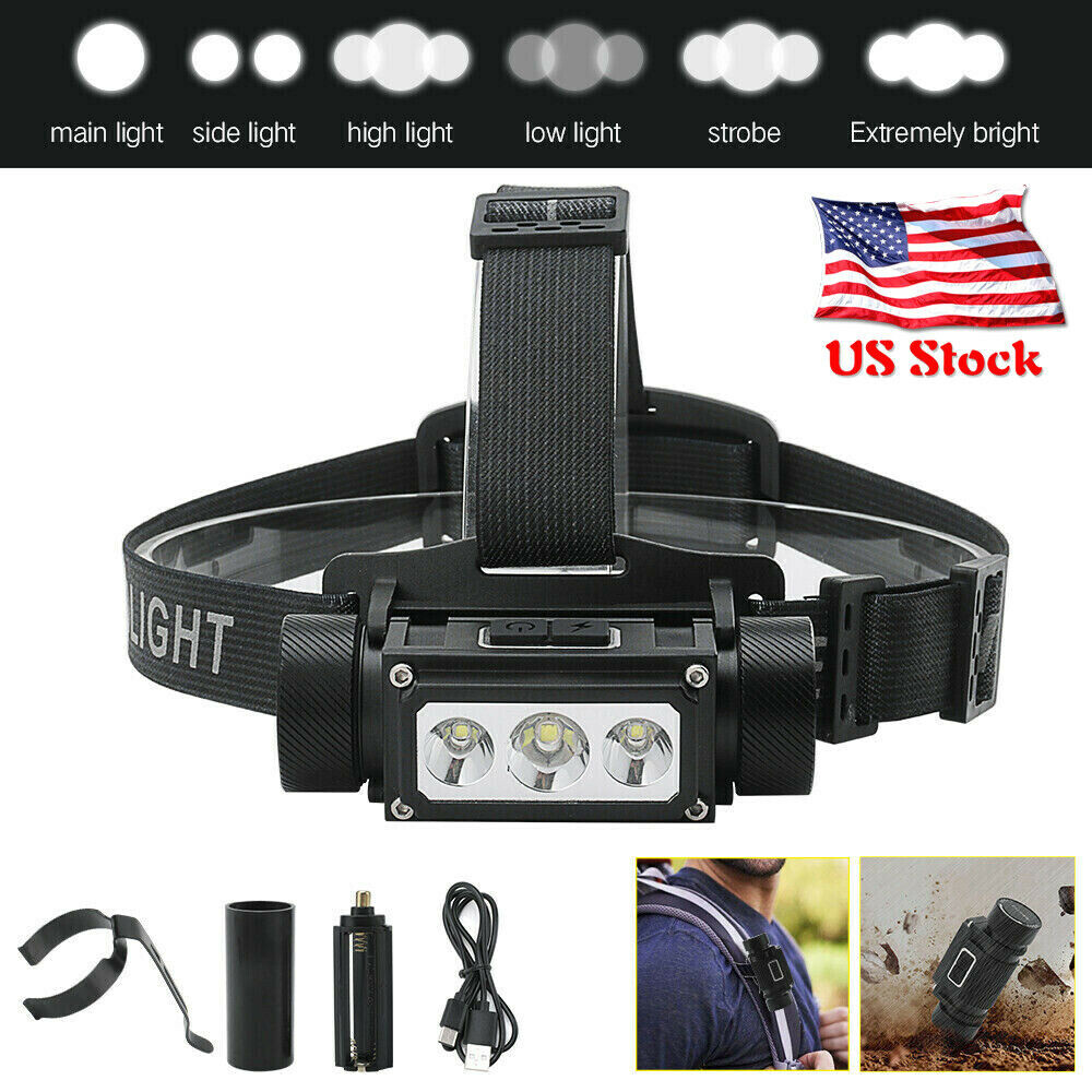 45W 3X LED Tactical Headlamp Flashlight Type C USB Head Torch Camping