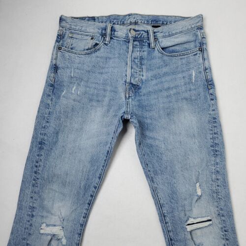 H&M Jeans Mens 31 Slim Straight Denim Distressed Faded Blue Button Fly Stretch - Picture 2 of 13