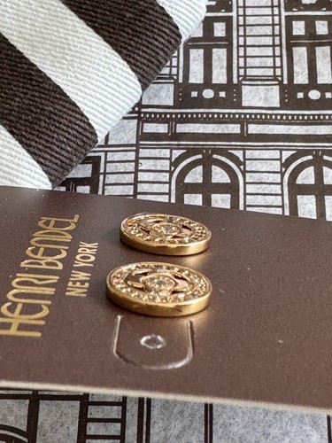NEW Henri Bendel Pave Signature Stud Round Shape Earrings New! Yellow gold color - Picture 3 of 5