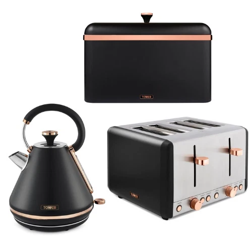 NEW Cavaletto Pyramid Kettle/4 Slice Toaster/Bread Bin Set in Black & Rose Gold