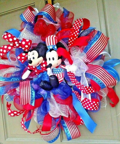 July 4th Mickey and Minnie Front Door Wreath 24" Patriotic Red White Blue Decor - Picture 7 of 9