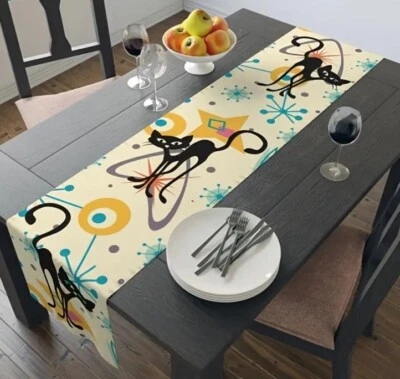 TABLE DESIGNS Mid-Century Modern Table Runner Cat Atomic Pattern 13x72