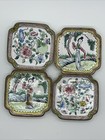 Set Of 4 Cloisonné Enamel On Metal Handpainted Coasters Florals & Asian Woman