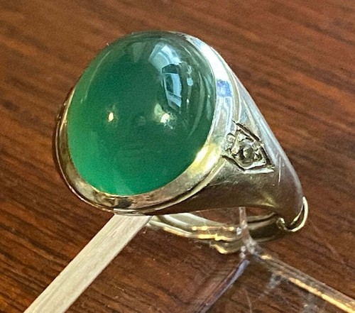 Vintage 14k White Gold Green Chalcedony Diamond Cabochon Ring Sz 5 - Picture 2 of 10