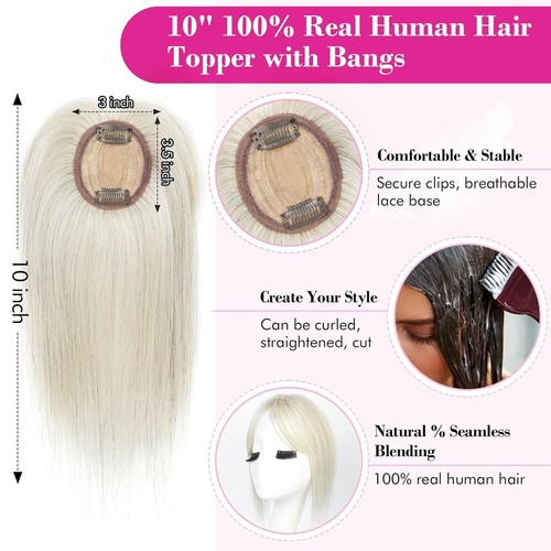REECHO Topper per capelli umani veri da donna 10 pollici con frange bianco biondo ~NUOVO~ - Foto 4 di 4