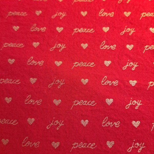 Christmas Red Gold Cotton Fabric 40" X 40"  Mini Print Love Peace Joy Quilting 