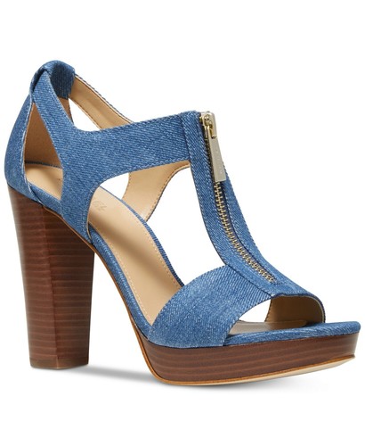 Michael KORS BERKLEY DENIM PLATFORM T STRAP GOLD LOGO ZIPPER SANDAL I LOVE SHOES - Picture 1 of 8