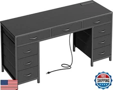 PRAISUN 54 Inch Office Desk with Outlets, Computer Desk with 9 Fabric Drawers