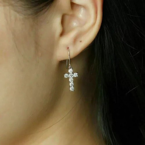 2Ct Round Cut Lab Created Diamond Cross Style Earring 14K White Gold Plated - Picture 6 of 6