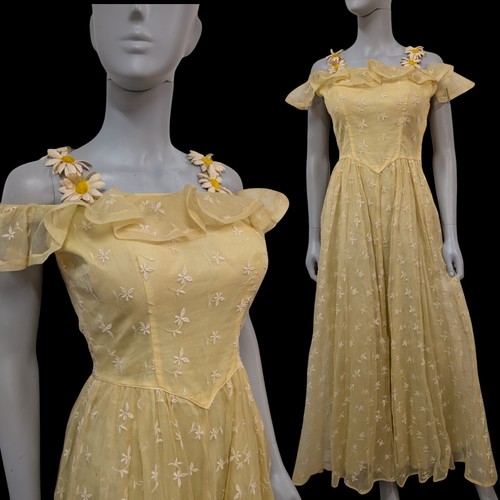 Vintage 30er Kleid S gelb Blumen Träger schulterfrei Maxi 40s Organdy Stickerei