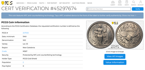 NEW CALEDONIA: 1949 50 Centimes PCGS MS67 — FINEST KNOWN, MEET THE KAGU BIRD - Picture 3 of 5