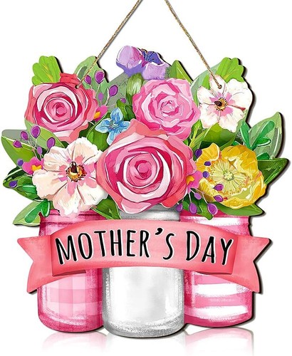 Happy Mother's Day Welcome Wood Sign, Wooden Flower Hanging Board Mothers Day Wr