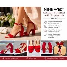 Nine West Red Suede Block Heel Sandals Ankle Strap Size 8M Dress Heels