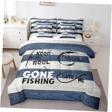 7Pcs Comforter Set Queen Size, Fishing Theme Queen 7-Piece Navy Blue White