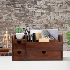 Brown Wooden Desktop Organizer Drawers Removable Office Supplies Torched Storage