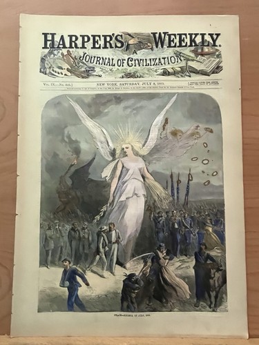 FRIEDEN - VIERTER JULI 1865 HARPER’S WEEKLY HANDKOLORIERTER DRUCK 16”x 12” - Bild 3 von 11