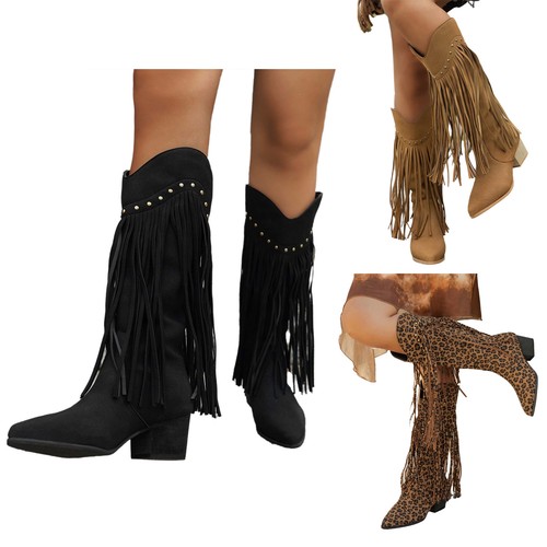 1 Par de Botas de Vaquero para Mujer Botas con Flecos Punta Tacón Grueso Retro Botas Largas - Imagen 3 de 22