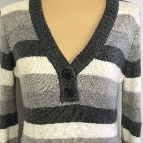 Talbots Striped Colorblock Placket Sweater Gray White V Neck Size Medium - Picture 2 of 8