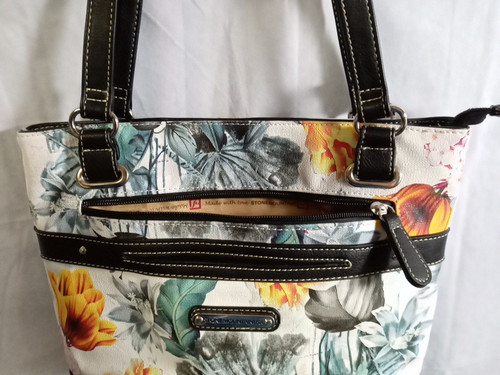 Borsa a tracolla Stone Mountain USA, stampa floreale/bordo nero, doppie cinghie, zip... - Foto 5 di 13