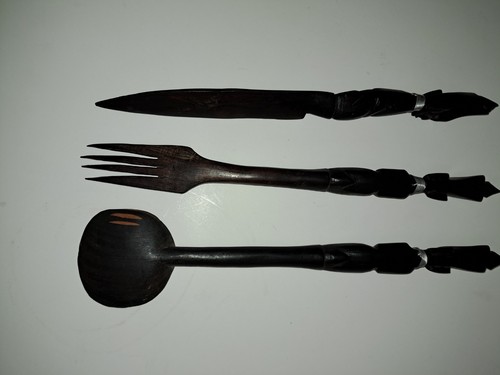Vintage African Hand-Carved Wooden Large Spoon Fork & Knife Set 14" Tribal Decor - Picture 10 of 24