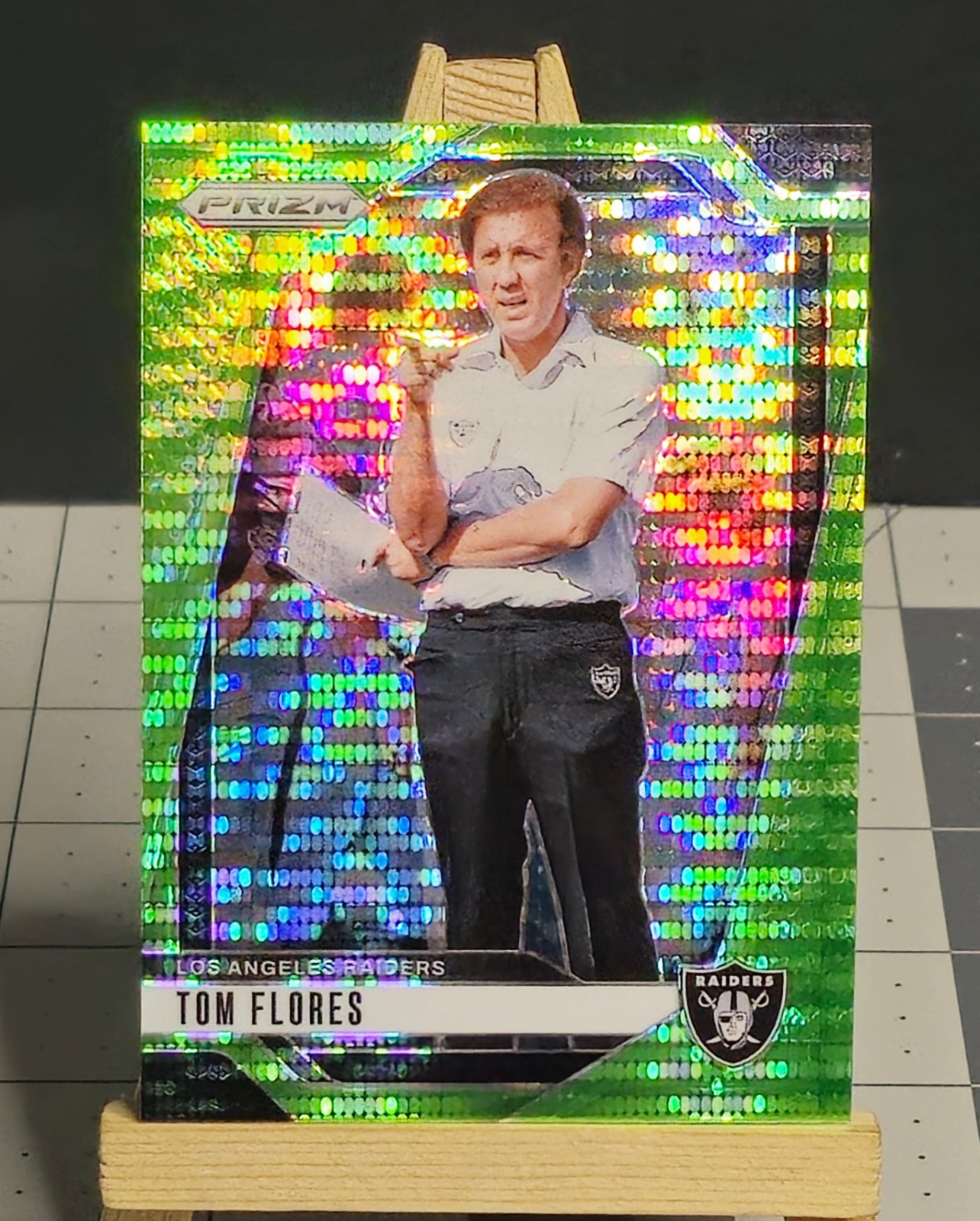2024 Prizm #156 Tom Flores NEON GREEN PULSAR PRIZM Raiders Football Card