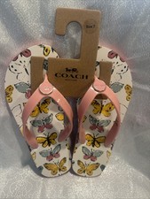 Coach New York Pink With Butterflies Flip Flops, Thongs Sandal NEW