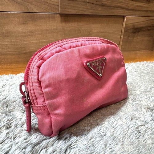PRADA Mini Pouch Cosmetic Pouch Small Item Case Nylon Triangle Plate pink uesd - Picture 2 of 12