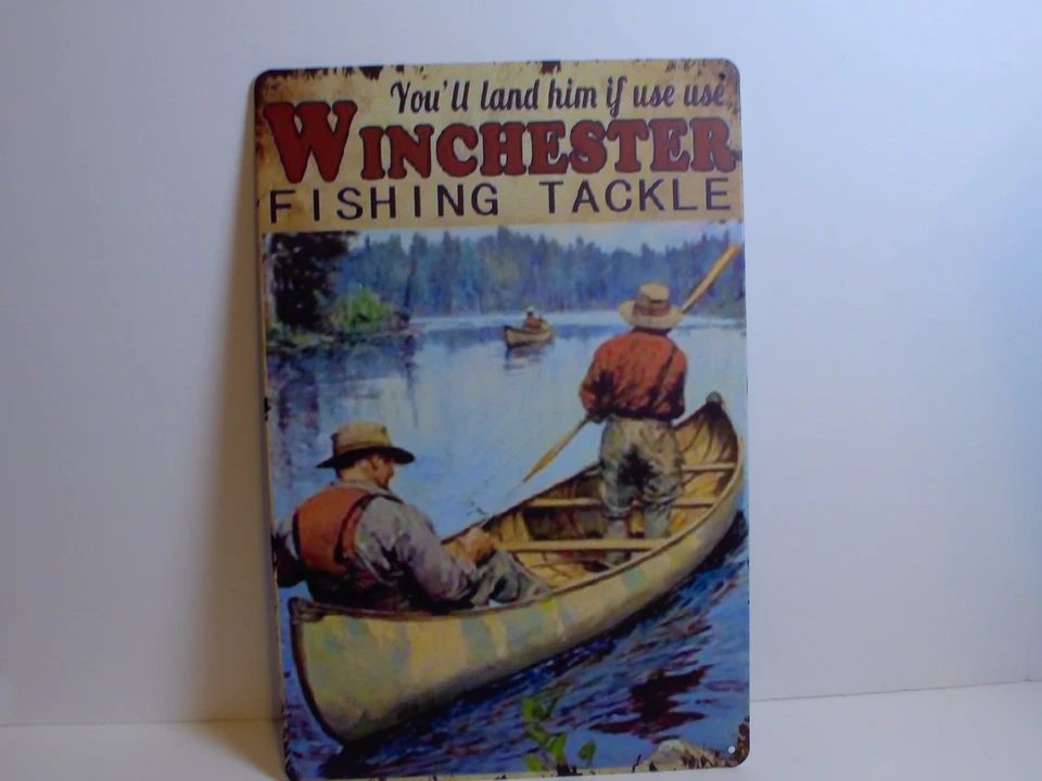 Жестяной знак Winchester рыболовные снасти каноэ озеро 12x8 деревенский уличный декор - Изображение 3 из 3