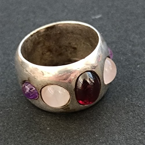 VTG Silver Mystic Stone Ring Boho Artisan Modernist Bold Wide Band Minimalist - Picture 17 of 24