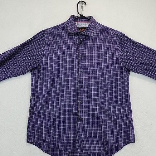 Egara Non Iron Slim Fit Purple Plaid Shirt Mens L Flip Cuff Designer Academia - Picture 3 of 13